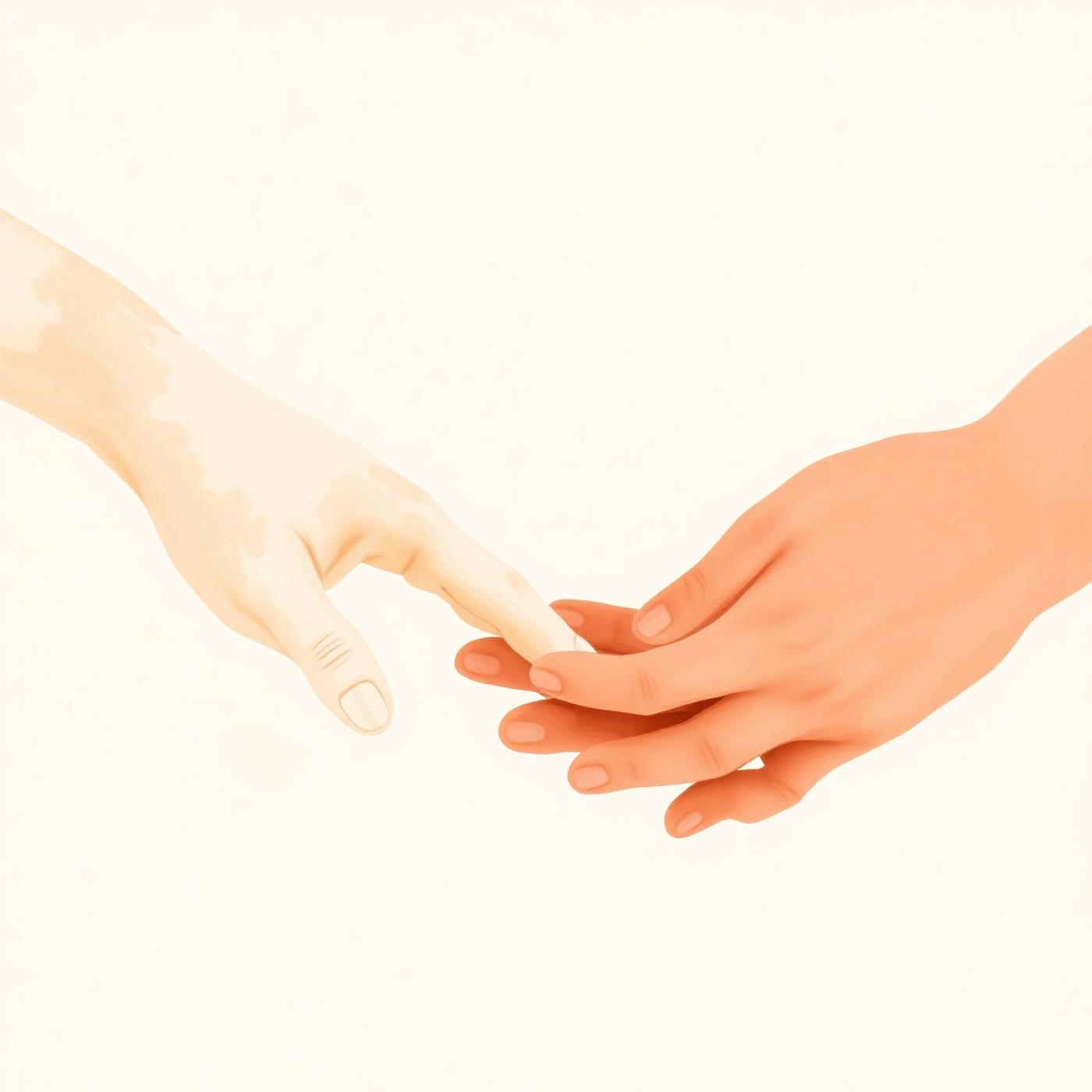 Two hands reaching toward one another, painted in warm terracotta tones